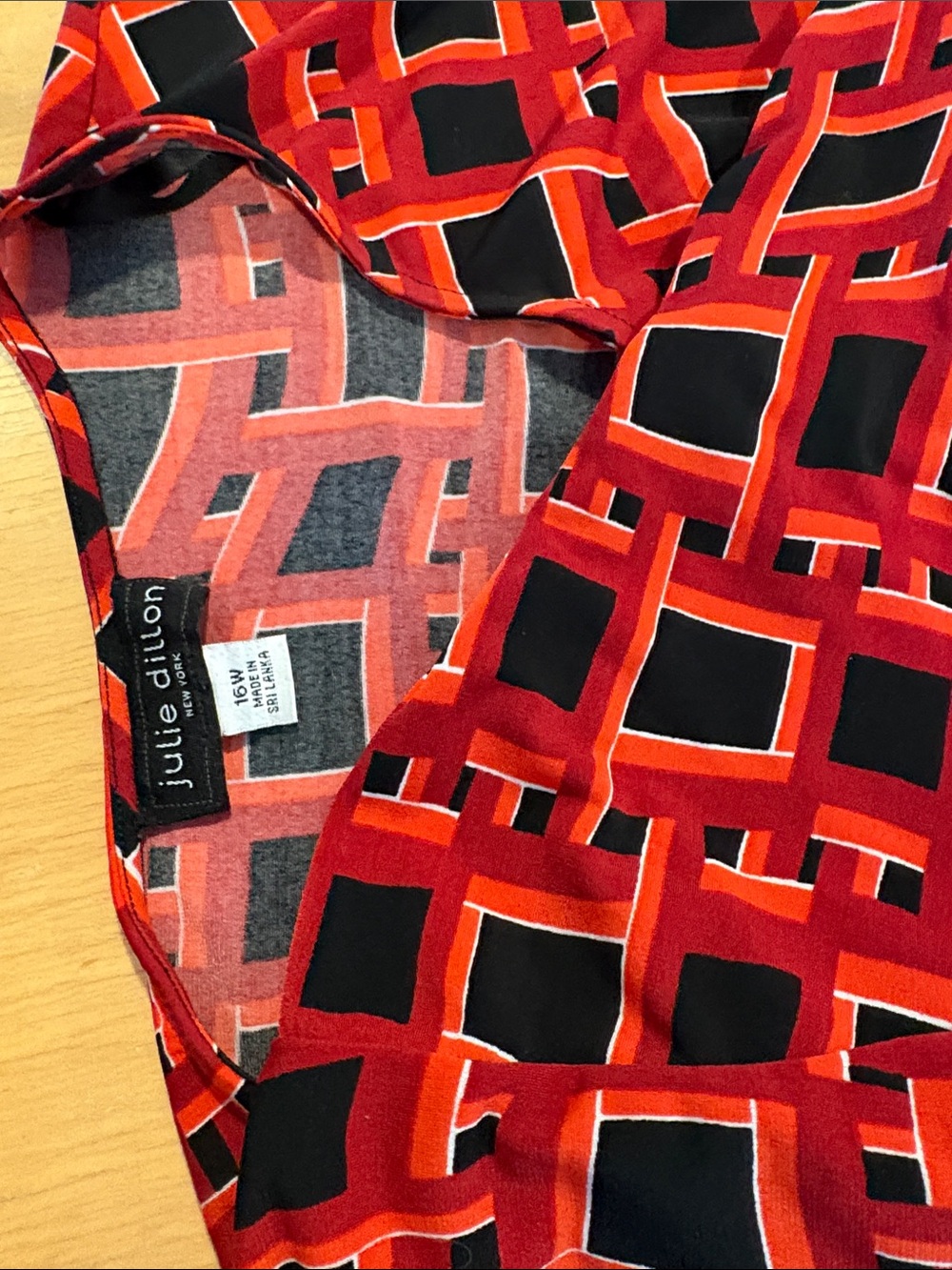 julie dillon ~ Wrap dress Rust Red Orange Black Geometric Casual Twirl Dress - Picture 5 of 5